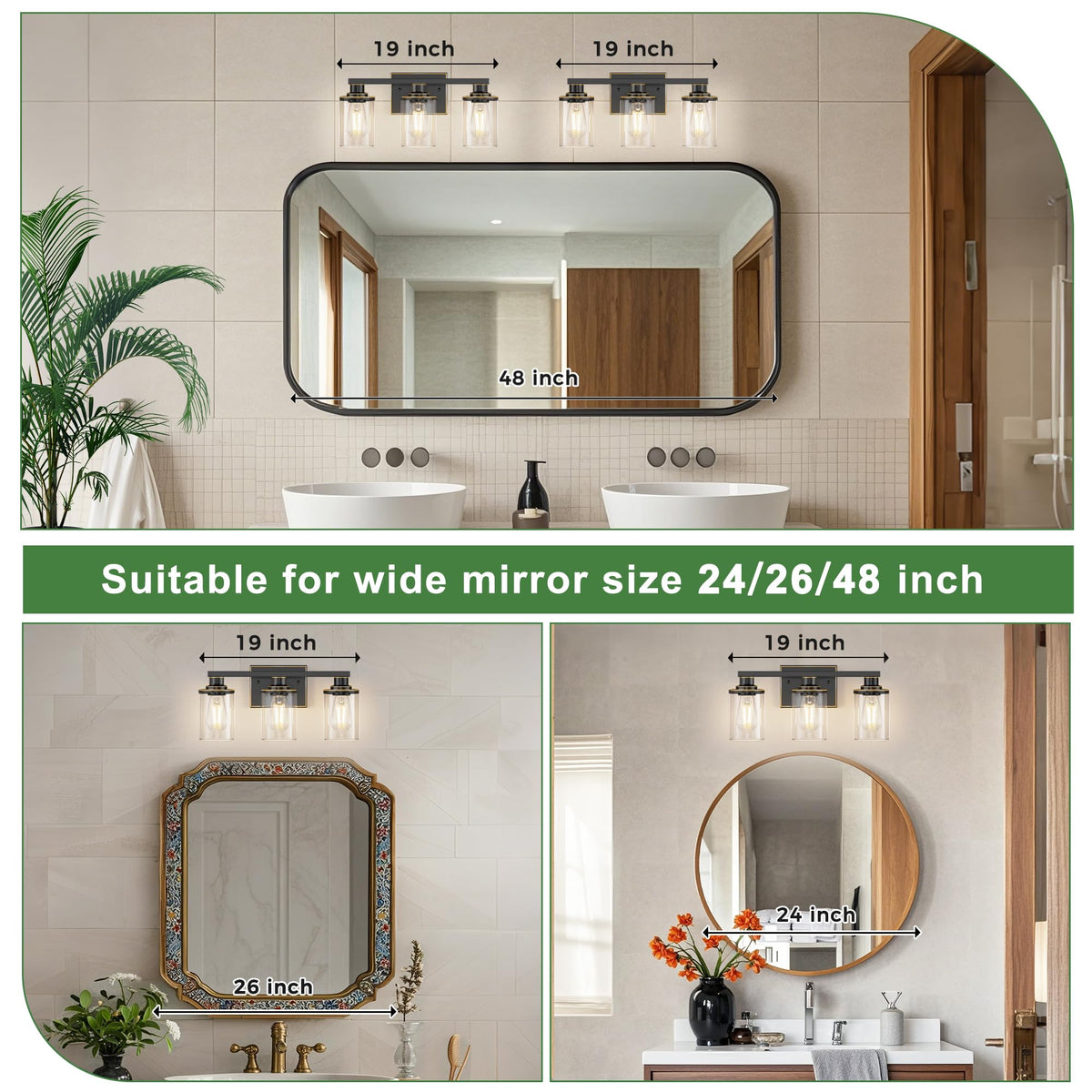 Bathroom Light Fixture Over Mirror Modern Black with Gold Trim (Black with Gold Trim / 3-Light (20inch))