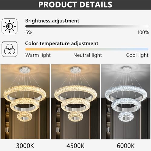 23.6" 3 Ring Crystal Chandelier Modern LED Dimmable Ring Pendant Light Round Chandelier for Dining Room Living Room Silver (Silver / 3 Ring Round 24")