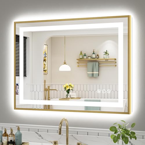 40x30 Inch LED Bathroom Mirror with Gold Frame (Backlit+front Lit With Gold Frame / 40"L x 30"W)