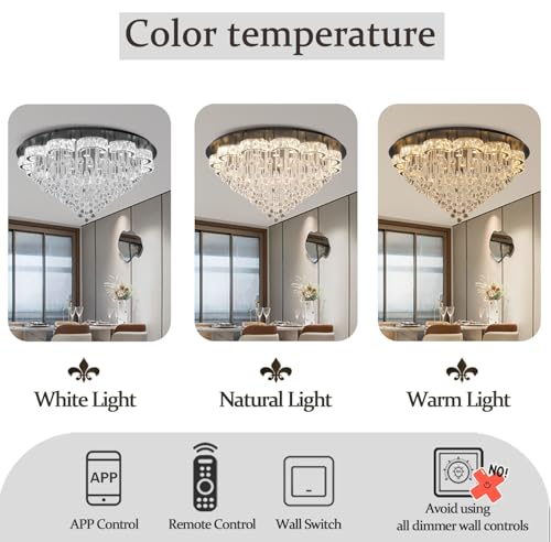 48inches Crystal Chanderliers for Living Room Entryway Modern Crystal Folwer Ceiling Light for Foyer Interior LED Dimmable Lighting 2700k 4500k 6000k (Black / 48inch)
