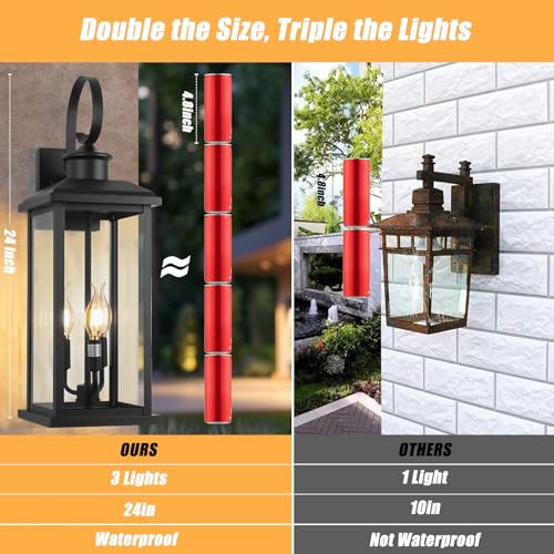 24" Extra Large Outdoor Wall Light Fixture Modern Porch Lantern (Black / No Sensor)