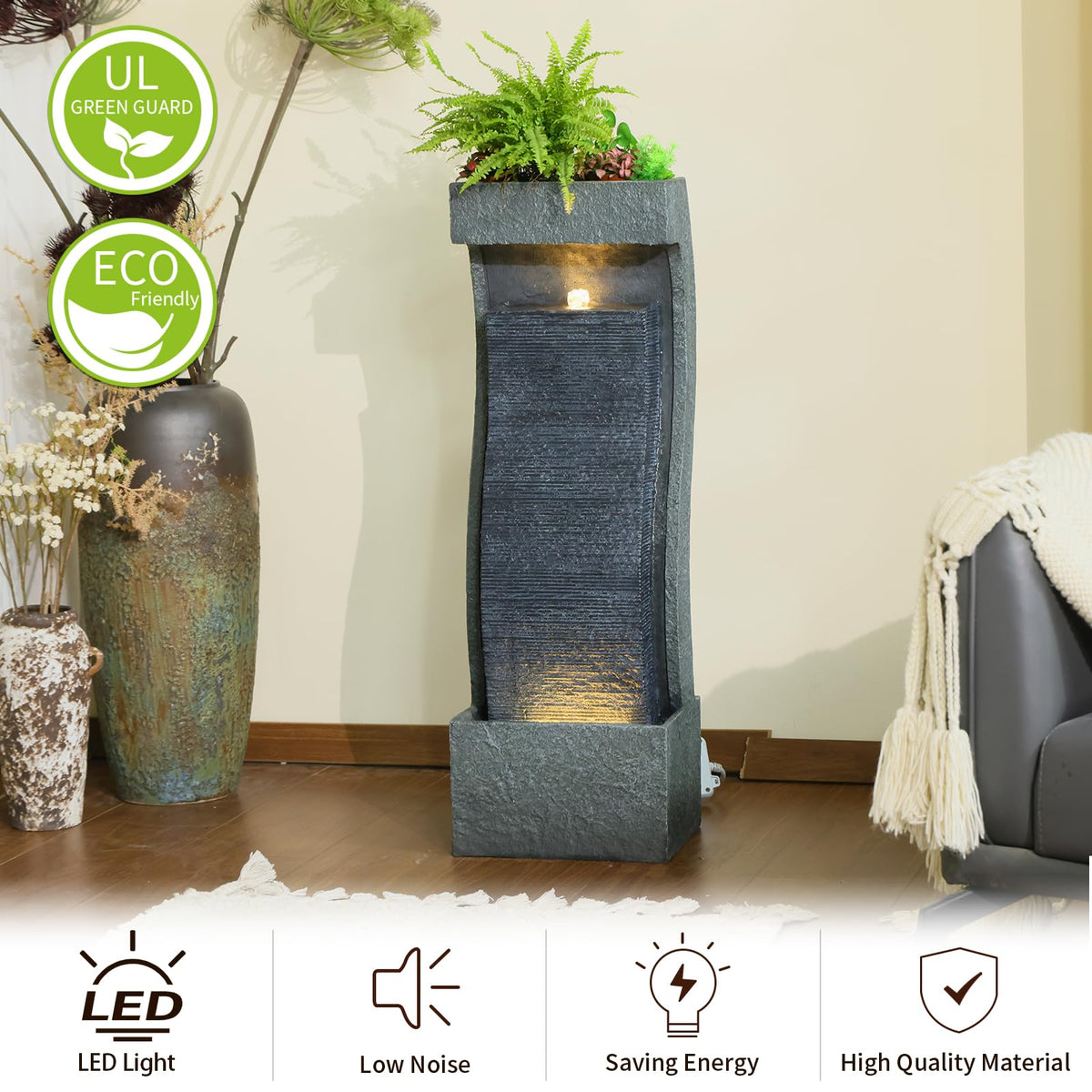 35H Modern Outdoor Water Fountain with Warm Light (35" Tall / Grey-35")