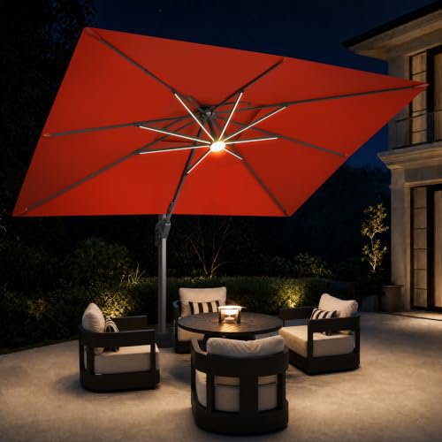 9x12 FT Cantilever Offset Patio Umbrella with Lights (Red)