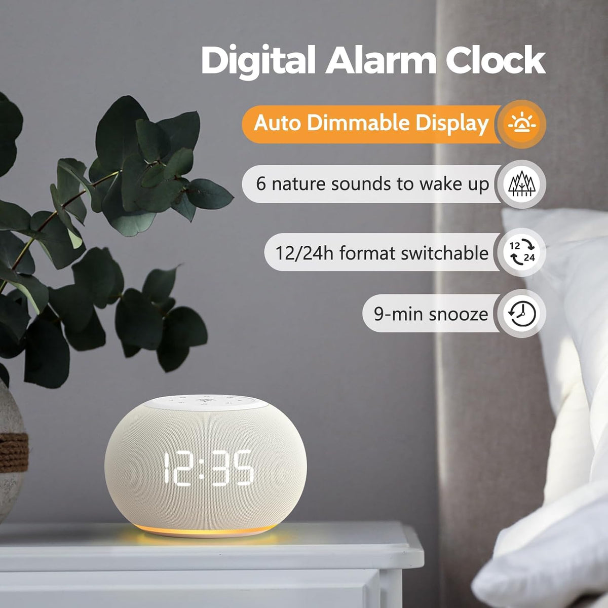 Auto Dimmable Sound Machine Alarm Clock with Night Light for Girls (Beige)