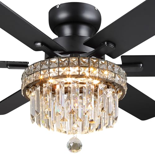52" Low Profile Crystal Ceiling Fans with LED Lights and Remote (Black-52IN-5019)