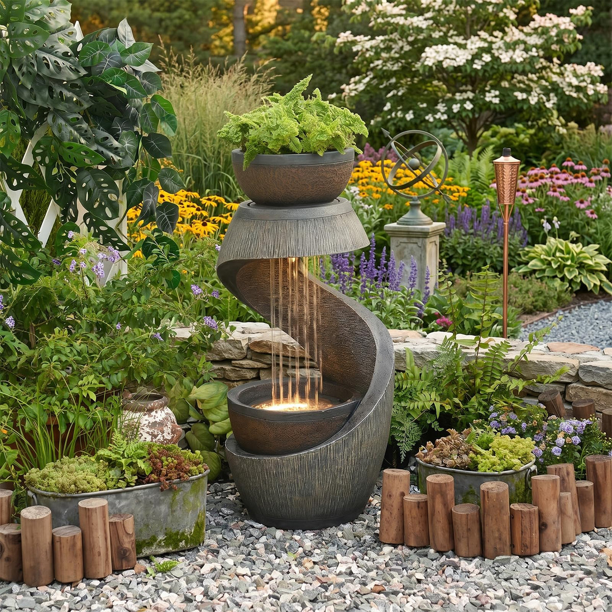 Modern S Shaped Garden Outdoor Water Fountain with LED Lights Gray (31.9H-G)
