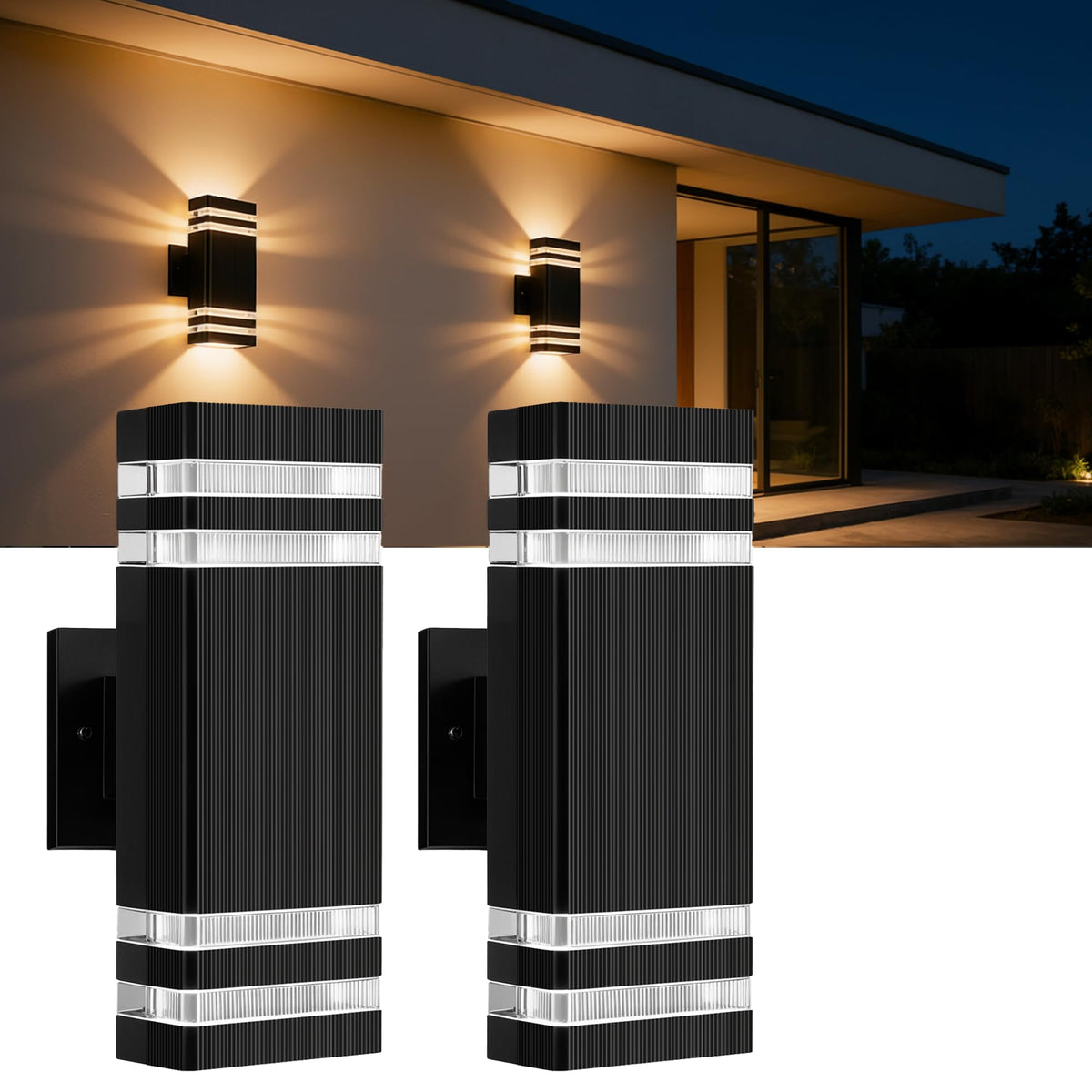2Packs Square Outdoor Wall Lights (2 Layer / 2 Packs-Black)