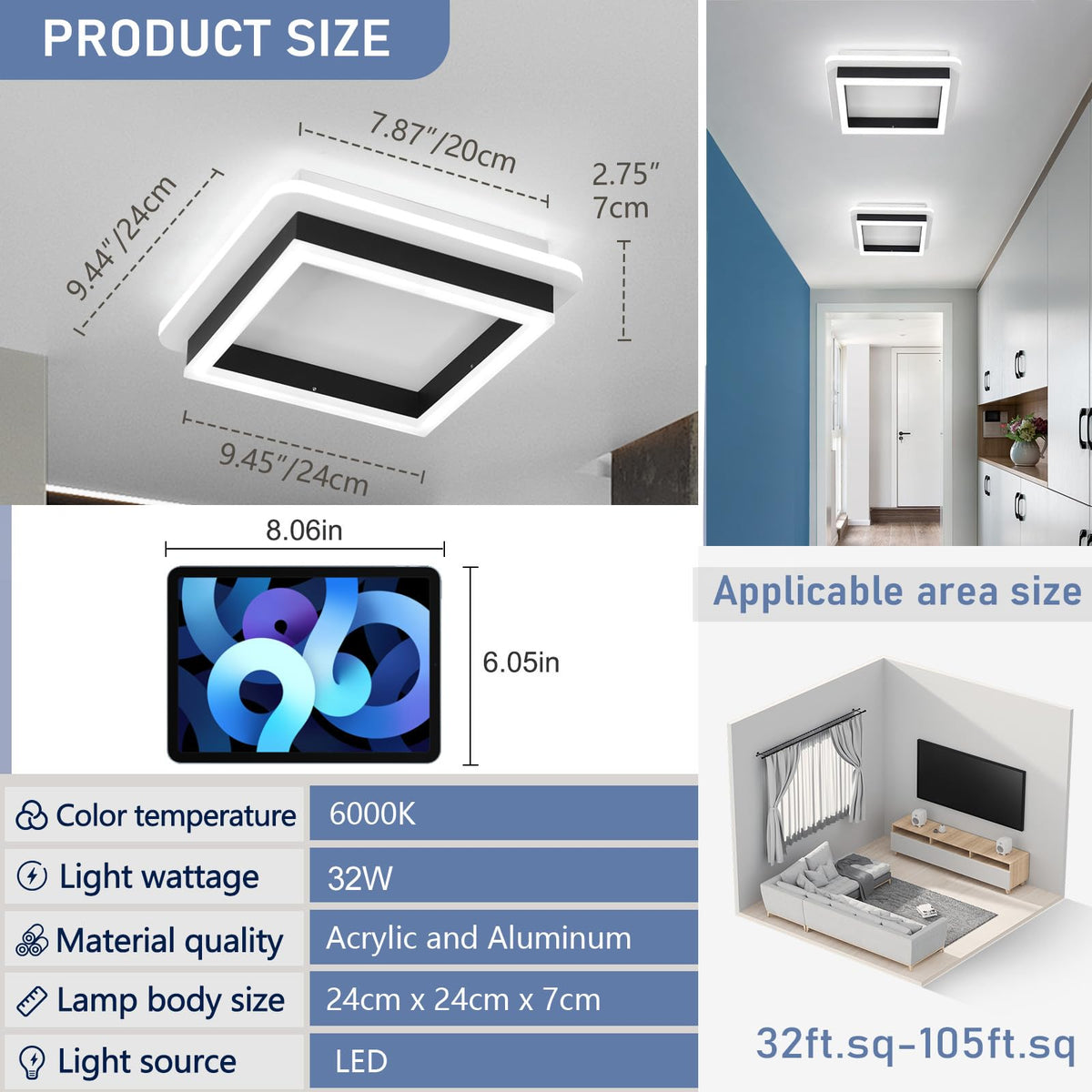 2 Packs Square Flush Mount Ceiling Light (Black / 2 Packs)