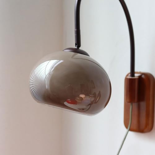 Modern Decoration Wall Sconce Mid Century with White Milk Glass Vintage Industrial Wood Wall Light Hardwired Smoke Grey Amber Farmhouse Reading Wall Lamp for Bedroom Living Room Bedside (Gray-plug Switch)