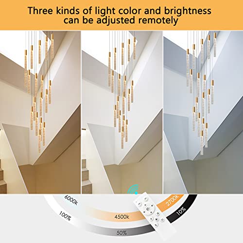 16 Foot Chandeliers for Living Room Entryway High Ceiling Light Fixtures Sloped Flush Mount Ceiling Pendant Lighting Dimmable Chandelier with Remote LED Crystal Pendants Lighting Gold Light (36 lights / Gold)