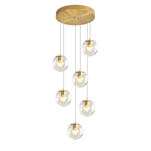 6 Light LED Staircase Modern Glass Globe Pendant Light Gold Chandeliers Large Chandeliers for High Ceilings (Gold-Clear / Globe 6-Light)