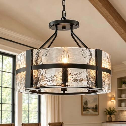Black Glass Drum Chandelier 18" Modern Glass Chandeliers for Dining Room (Black / 18")