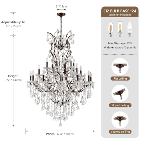 24 Lights Large Crystal Chandeliers Maria Theresa Chandelier for High Ceilings Vintage Chandelier Light Fixture Foyer Hallway Entryway Staircase 55.1" H x 39.4" D (Brown / 24 Lights)