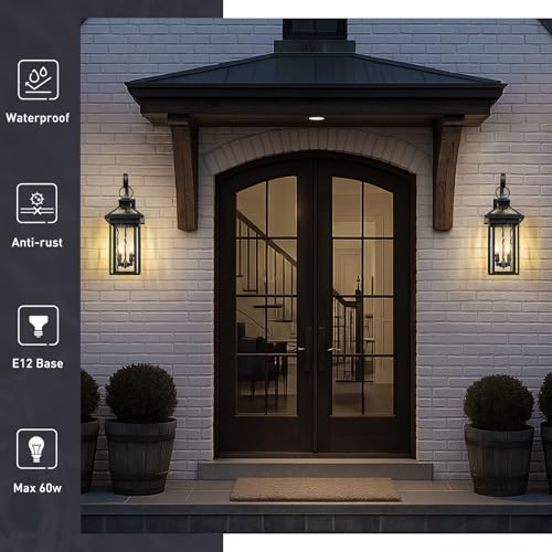 2 Light Porch Wall Mount Light (Black - Water Ripple Glass / 25.2 Inch - No Function)
