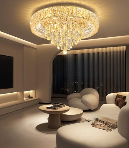 Modern Crystal Chandeliers for Dining Room LED Light Fixture Close to Ceiling Chandelier Flush Mount Ceiling Light Dimmable Lamp with Remote for Living Room Bedroom Hallway (Gold / 19.7" Width)