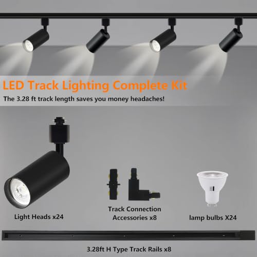 GU10 LED Track Lighting Kit H Type Plug in Dimmable White Spotlights (Black 3CCT / 24 Head Big Kit)