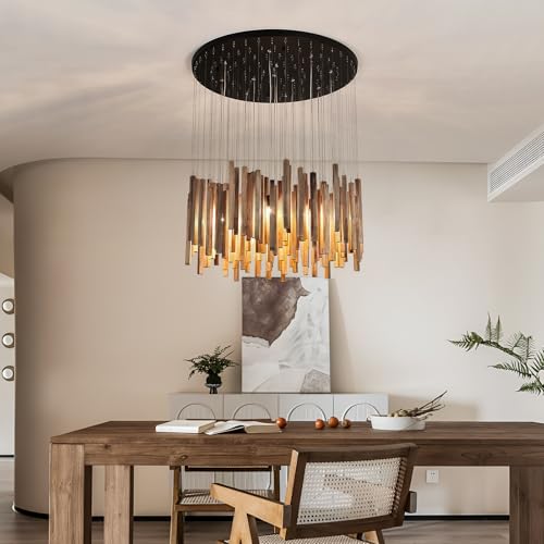 12 Light Wood Chandelier Light Fixture Boho Pendant Light Rustic Large Hanging lamp for Farmhouse Living Doom Entryway Entrance Dinning Room Foyer Kitchen (12 Light)