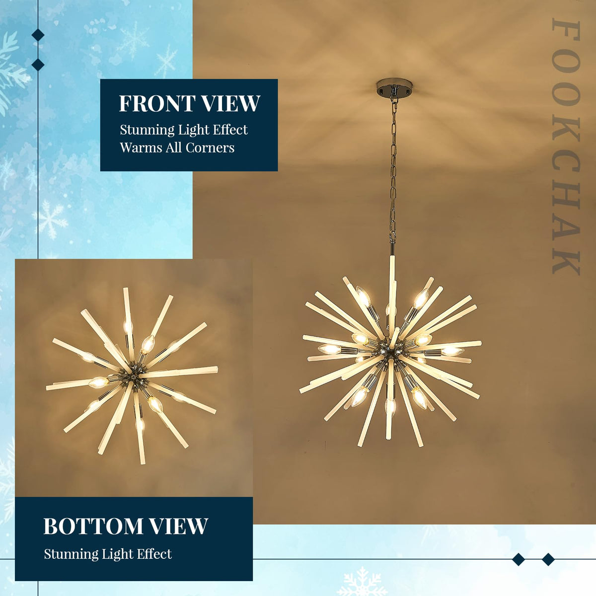 Modern Chrome Sputnik Chandelier Frosted Glass Starburst Dining Room Light (Chrome / Milky White / 24.10 inch)