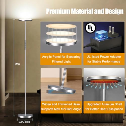 Floor Lamp Upgraded 40W 4000LM Super Bright Torchiere LED Floor Lamps for Living Room (Brushed Nickel)