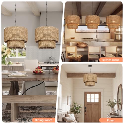 3 Light Rustic Wicker Chandeliers for Living Room (3-Light / 19.6″)
