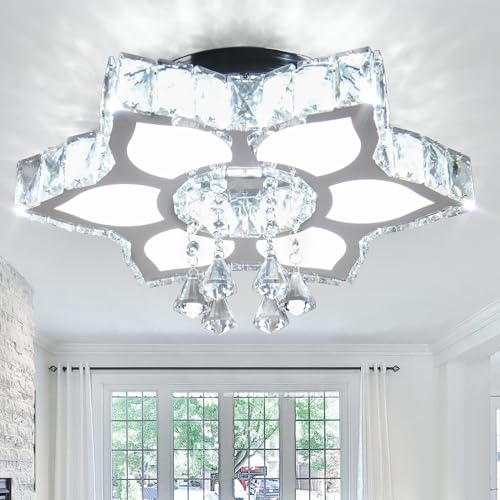 Crystal Chandeliers Modern LED Ceiling Lighting Flower Pendant Light Fixtures Stainless Steel Ceiling Lamp for Bathroom Dining Room Living Room Kitchen Office (16.1"-Cool White)