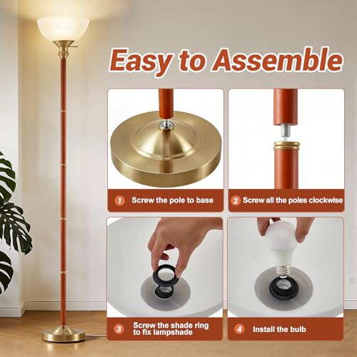 72" Wood Torchiere Floor Lamp with Glass Shade Gold Standing Lamp (Gold)