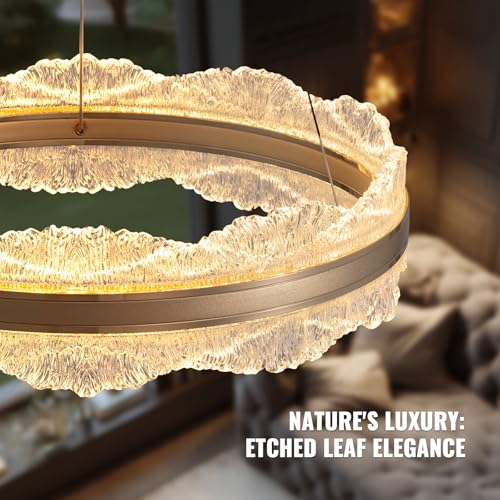 Gold Chandelier Light Fixture 23.6" Modern Led Chandelier 3 Colors Dimmable Chandeliers for Dining Room Contemporary Pendant Ceiling Light for Kitchen Island Bedroom Living Room with Remote Control (Gold D 23.6'')