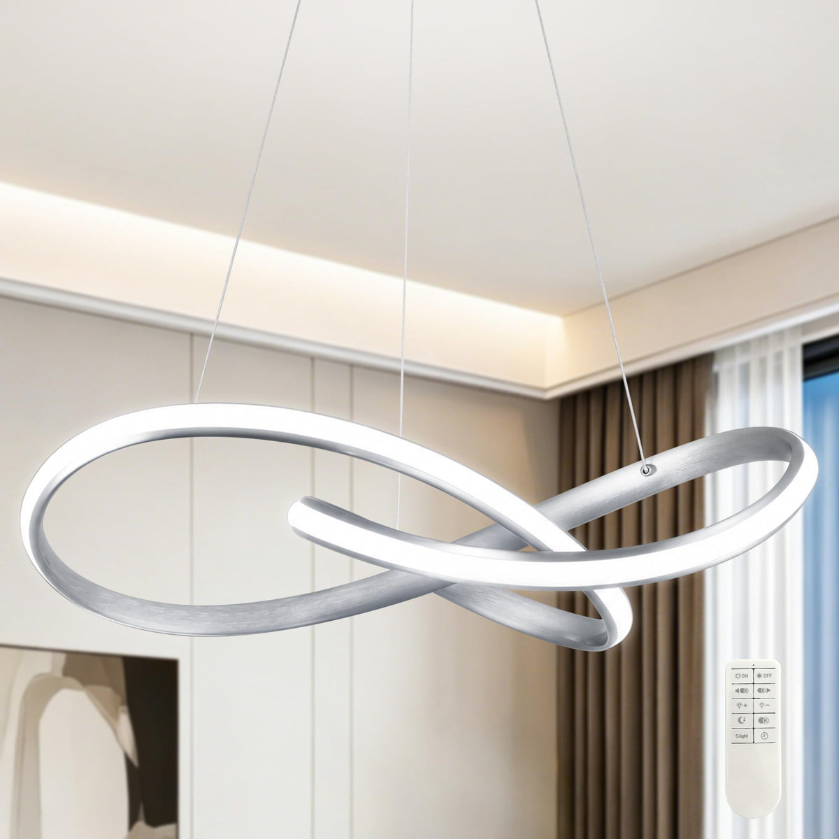 30" Nickel Modern LED Chandelier Large Irregular Ring Pendant Lighting Adjustable Hanging Light Fixture Modern Dimmable Remote Control Pendant Lights for Living Room Dining Room Entryway (Nickel / 30 Inch)