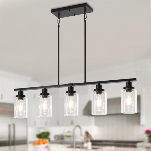 37'' Island Lights for Kitchen Black Linear Chandelier Dining Room Light (5-Light Clear Black)