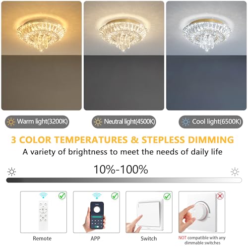 Crystal Chandelier Modern Round Ceiling Light Fixture LED Raindrop Chandeliers Dimmable with Remote for Dining Room Living Room Entryway Hallway Bedroom Gold (Gold / W16")