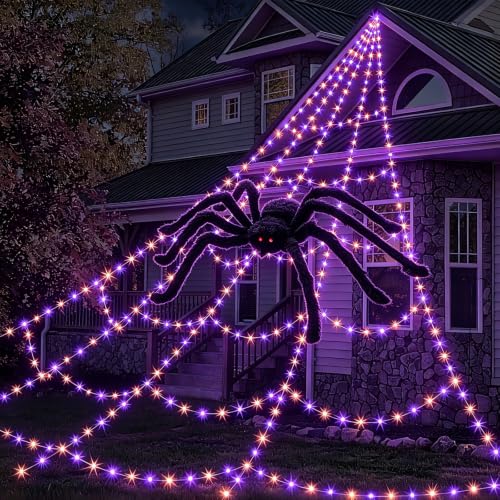 Halloween Spider Web Outdoor Decorations (Purple+Orange / with giant spider)