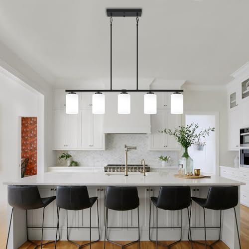 Modern Island Lights for Kitchen Black Chandelier Dining Room Light Fixture (5-Light White Glass)