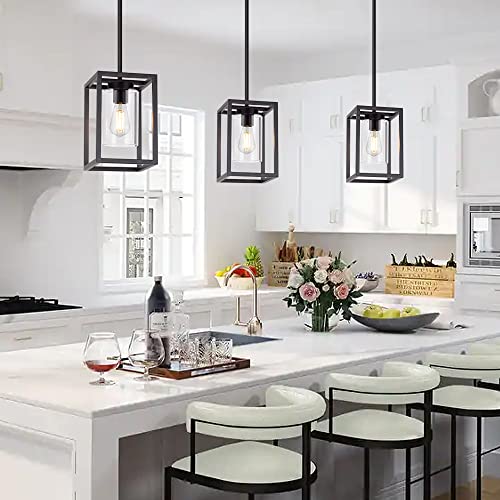 1 Light Farmhouse Pendant Lighting Black Cage Chandelier Glass Shade Contemporary Modern Kitchen Island Lights Fixtures Ceiling Hanging Dining Room Living Room (Black / 1 Light)