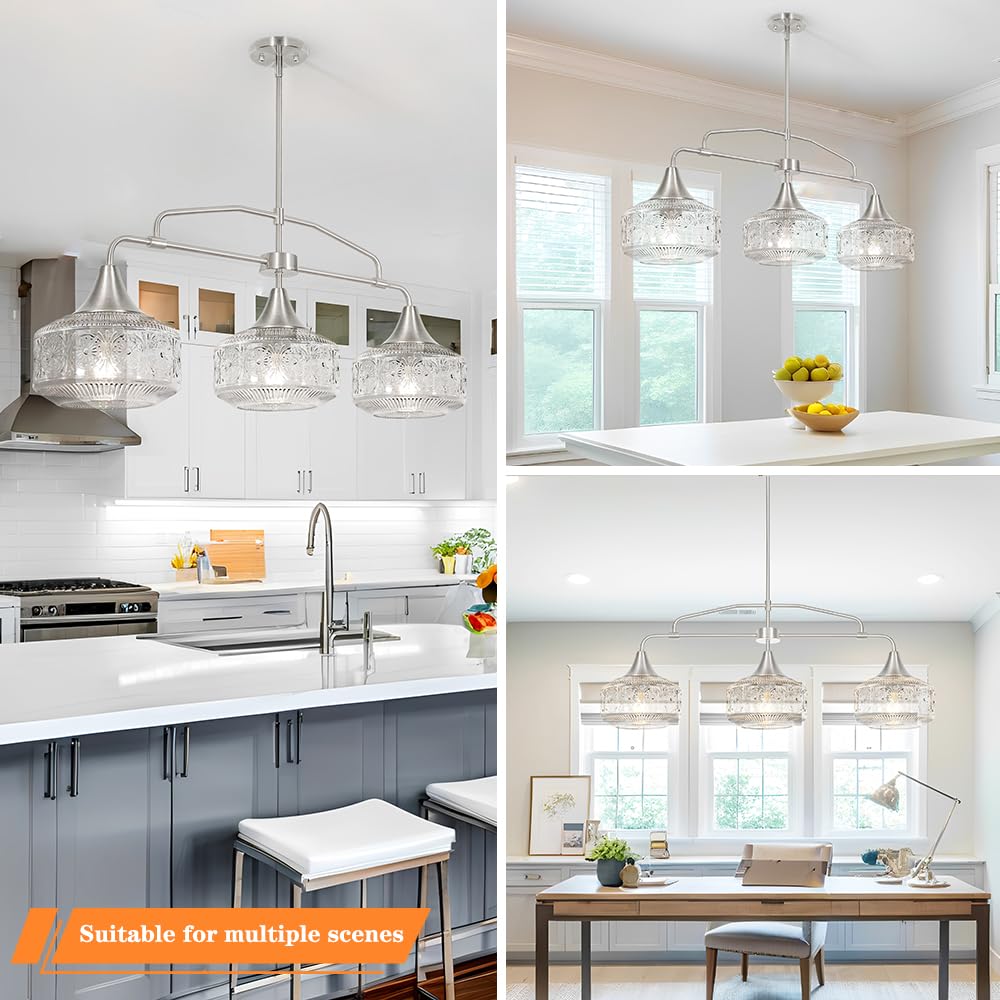 DSMJFU 3 Light Island Light for Kitchen Adjustable Kitchen Island Lighting (Nickel+Clear Glass / 37.4in)