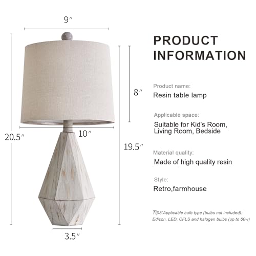 20.25" Rustic Table Lamp Set of 2 for Bedroom Living Room Vintage Retro Traditional Nightstand Bedside Lamps Kids Room Study Room Office with Linen Shade (Small - Washed White)