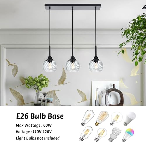 3 Light Linear Island Lights with Striped Swirl Globe Glass (Transparent / 3-Light-Straight Bar)
