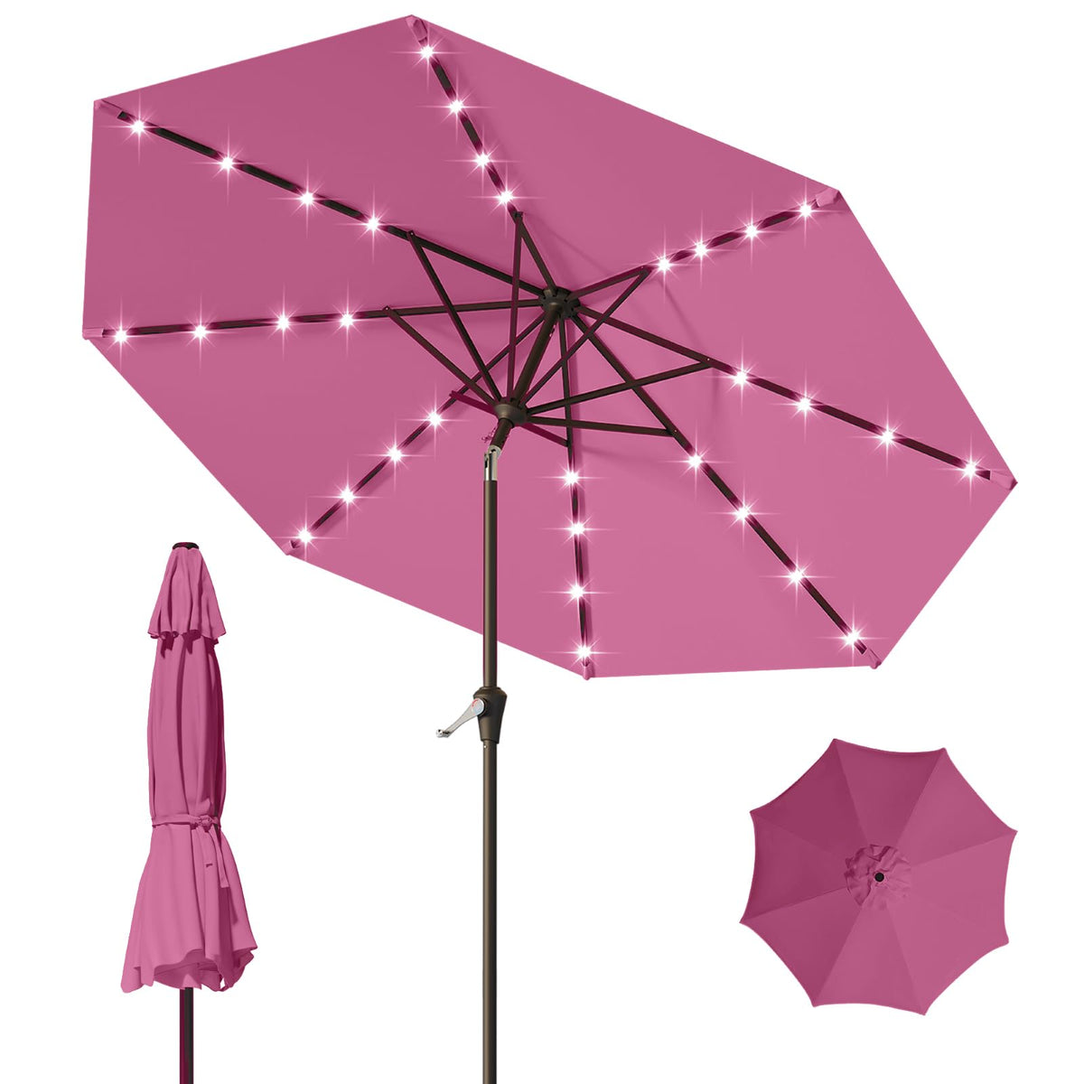 9FT Patio Umbrella with Solar Lights (Rose Pink)