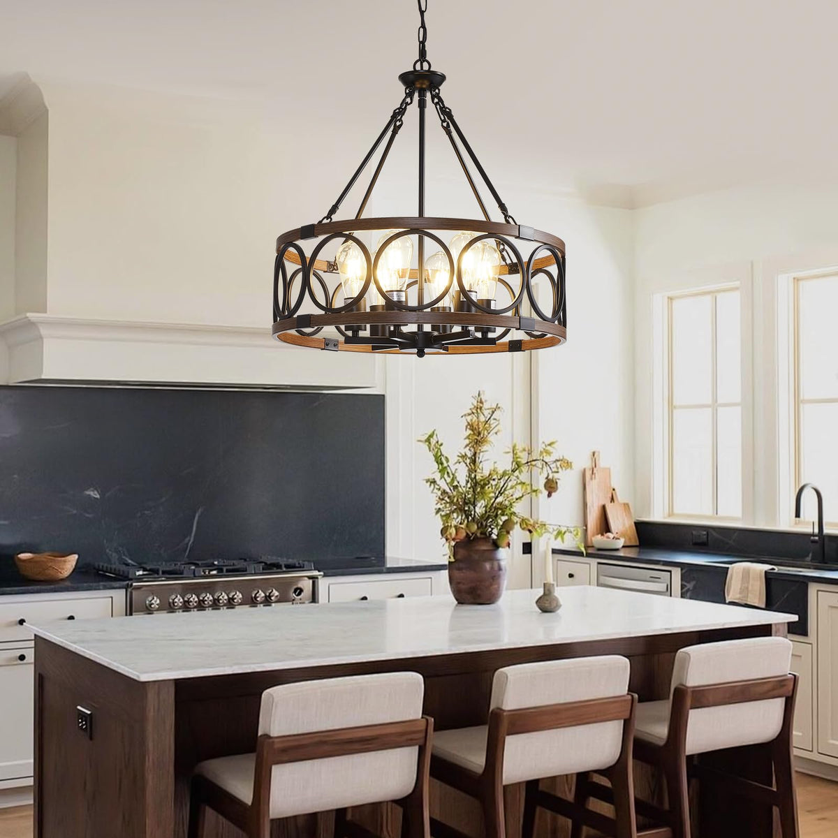 21" Dining Room Light Fixture (Black & Wood Grain-21"(Easy To Install) / 6-Light)