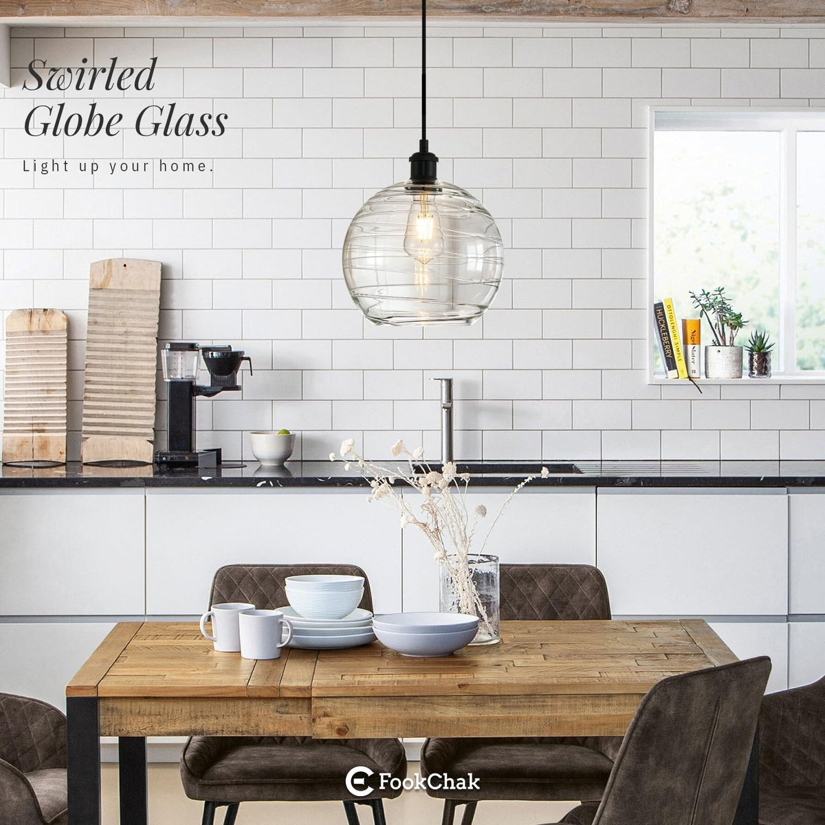 Modern Glass Pendant Light 10” Black Kitchen Island Hanging Light Fixture (Black Swirled)