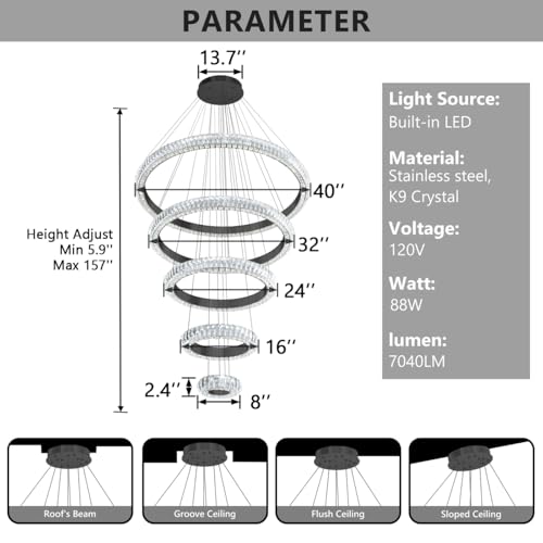 5 Ring Large Crystal Chandelier Modern LED Dimmable High Ceiling Chandelier Ring Contemporary Pendant Light Fixture for Living Room Foyer Staircase Gold D40'' (Black / 5 Ring Round 40")