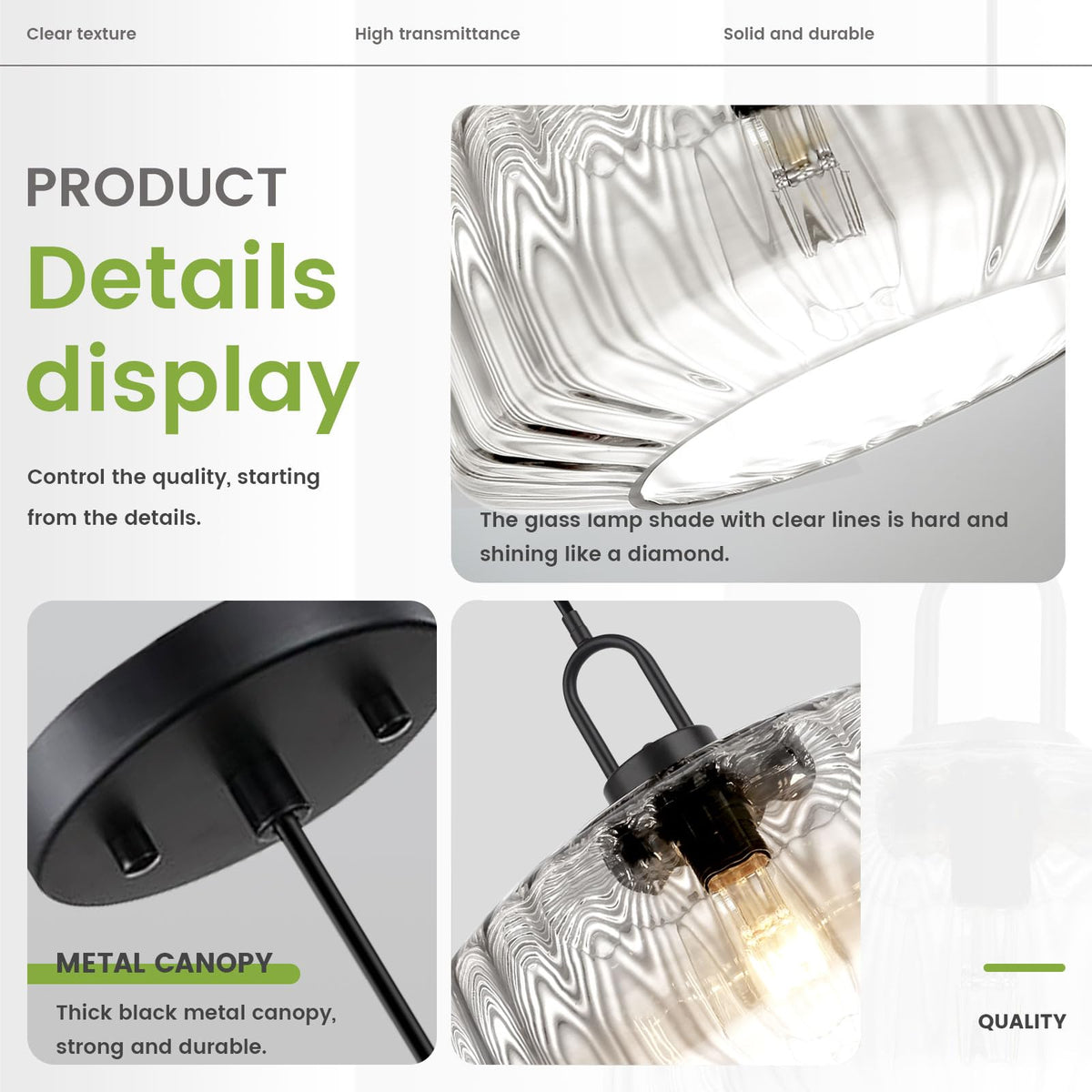 Clear Ribbed Large Glass Pendant Light Black 13.78″ light fixture (13.7″Clear)