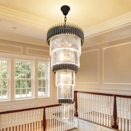 Staircase Chandeliers for High Ceiling Large Black and Gold Crystal Chandelier Long Entryway Chandeliers Adjustable Chain for Foyer Living Room Entryway 24″W x 48″H (D24"XH48" Black)