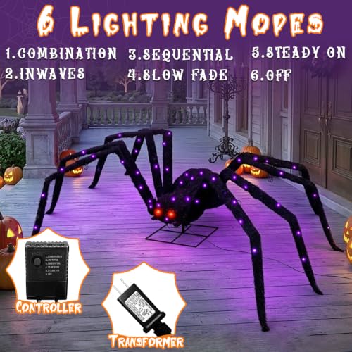 Halloween Decorations Outdoor Giant Spider Light Up Spider 4.3Ft Lighted Large Spider with 6 Modes and 100 LED Purple Lights