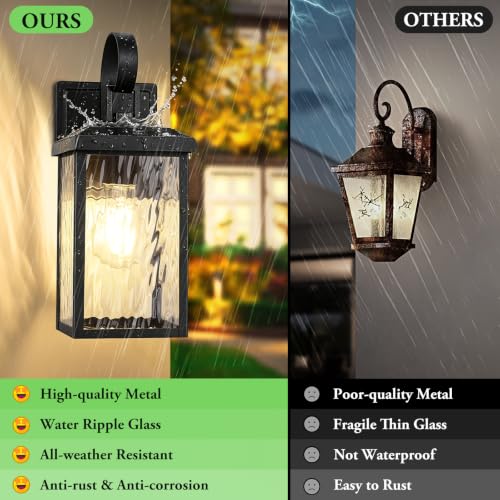 2 Pack Outdoor Wall Light Fixtures with Water Ripple Glass (Black with Watter Ripple Glass / 12.8")