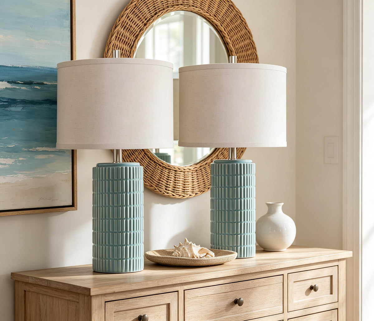 23" Set of 2 Modern Ceramic Table Lamps for Living Room (Light Blue)