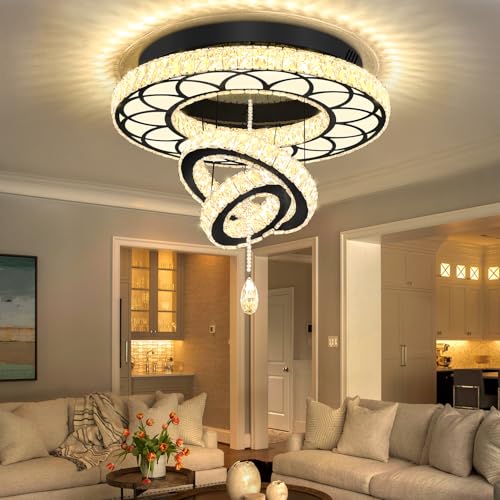 Dia 24" Modern Crystal Chandelier for Dining Room Black Ceiling Chandelier Flush Mount Ceiling Light for Living Room Bedroom Hallway (Black / W:24inches)