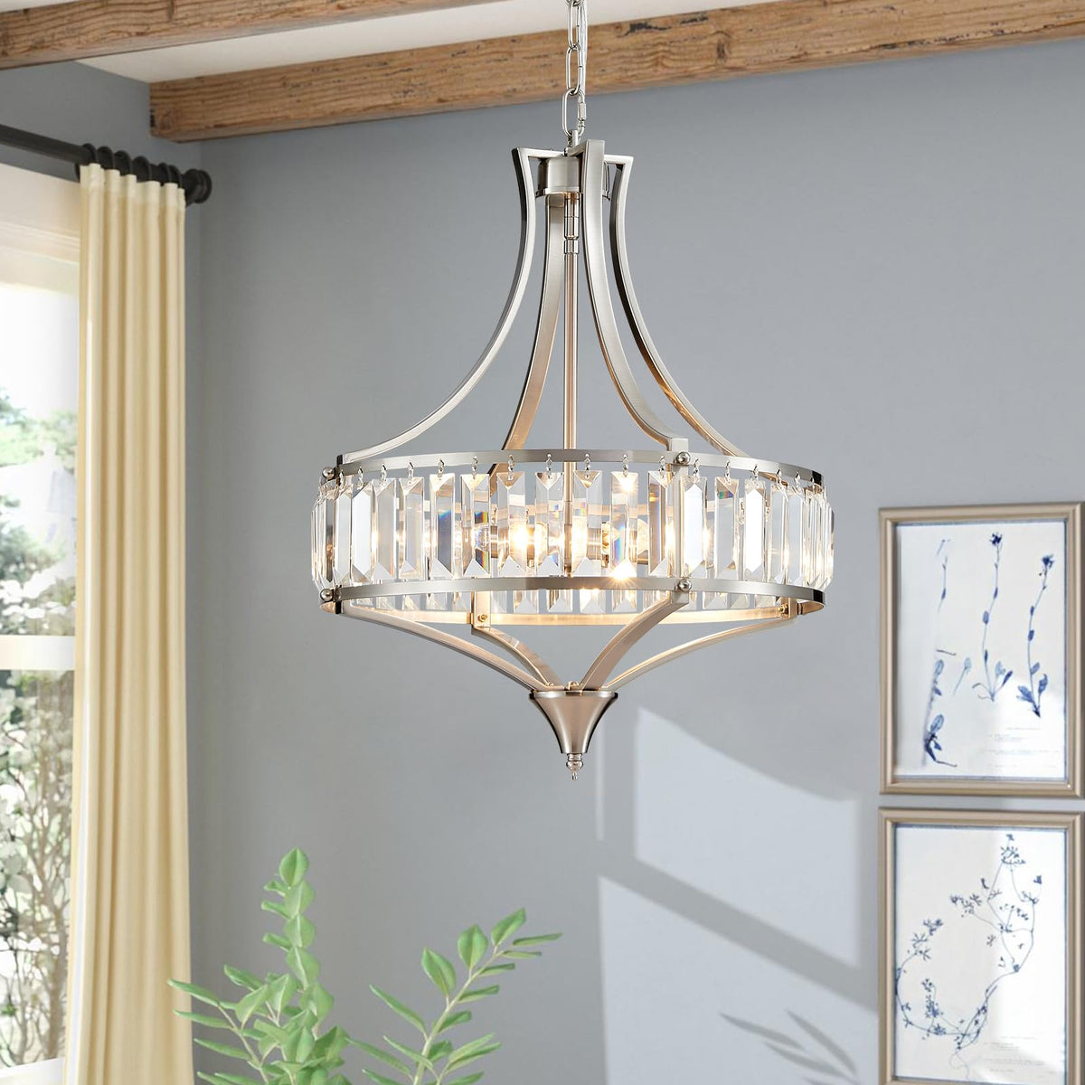 Crystal Chandeliers for Dining Room 15.7" Round Rustic Farmhouse Hanging Pendant Lighting Fixture Modern Brushed Nickel Chandelier Metal Shade 4 (15.7”-Brushed Nickel)