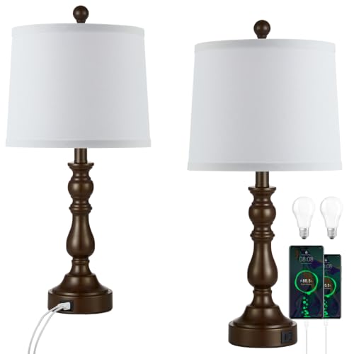 Brown Table Lamps Set of 2 (G. White Shade & Brown Base)