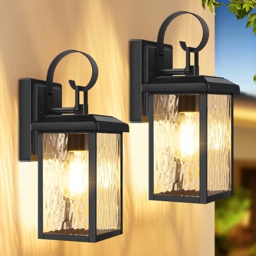 2 Pack Outdoor Wall Light Fixtures with Water Ripple Glass (Black with Watter Ripple Glass / 12.8")