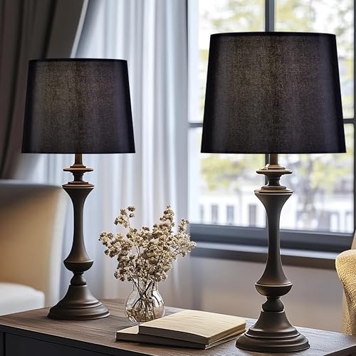 Black Lamp Shades Set of 2 (11"×13"×10"-2 PCS / Black Natural Faux Silk)